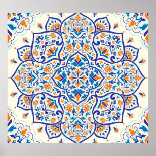 Luxus Orange Blue Ornament Muster Poster