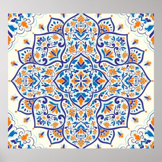 Luxus Orange Blue Ornament Muster Poster (Vorne)