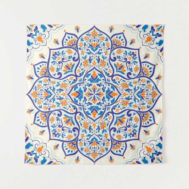 Luxus Orange Blue Ornament Muster Wandteppich (Vorderseite)