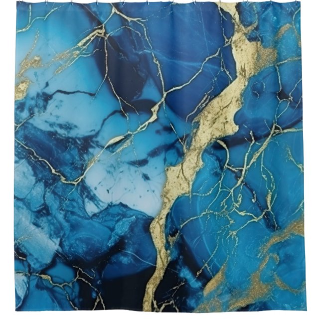 Luxus-Ozeanblauer-Marmor-Gold-Kintsugi-Achat Duschvorhang (Vorderseite)