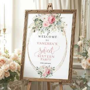 Luxus-Pastellrosa-Blumen-Sweet-Sixteen-Willkommen Poster