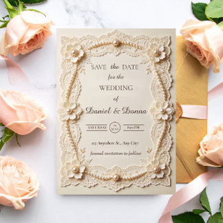 Luxus-Perlen-Spitze-Elegante Hochzeit Save The Date