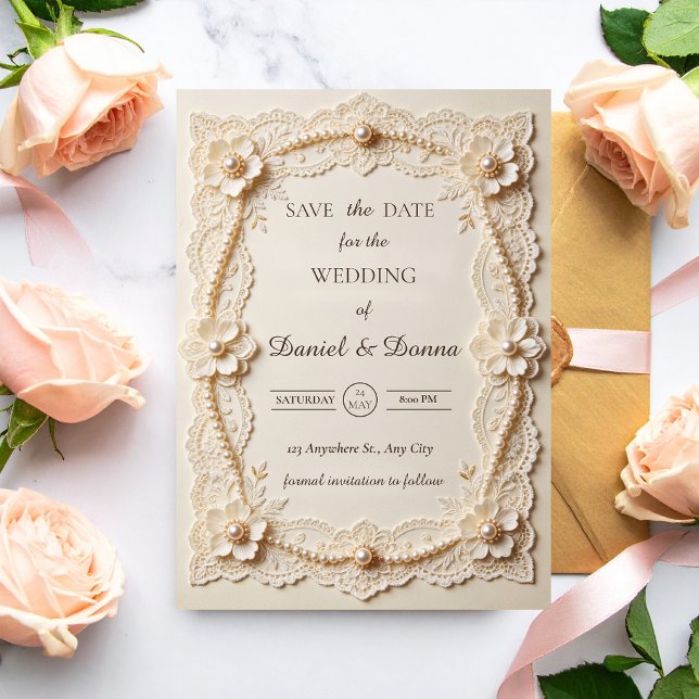 Luxus-Perlen-Spitze-Elegante Hochzeit Save The Date (Von Creator hochgeladen)