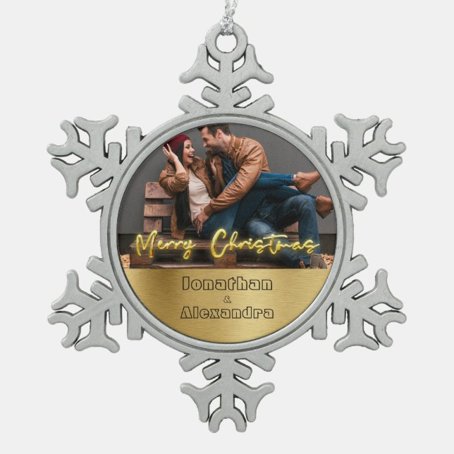 Luxus personalisiert Weihnachtsgold und grau Schneeflocken Zinn-Ornament (Vorderseite)