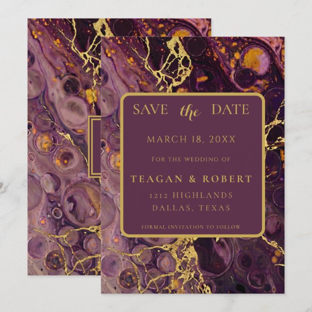 Luxus-Pflaume-Lila-Marmor Save The Date (Vorne/Hinten)