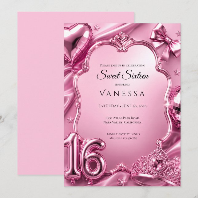 Luxus Pink Sweet 16 Einladung (Vorne/Hinten)