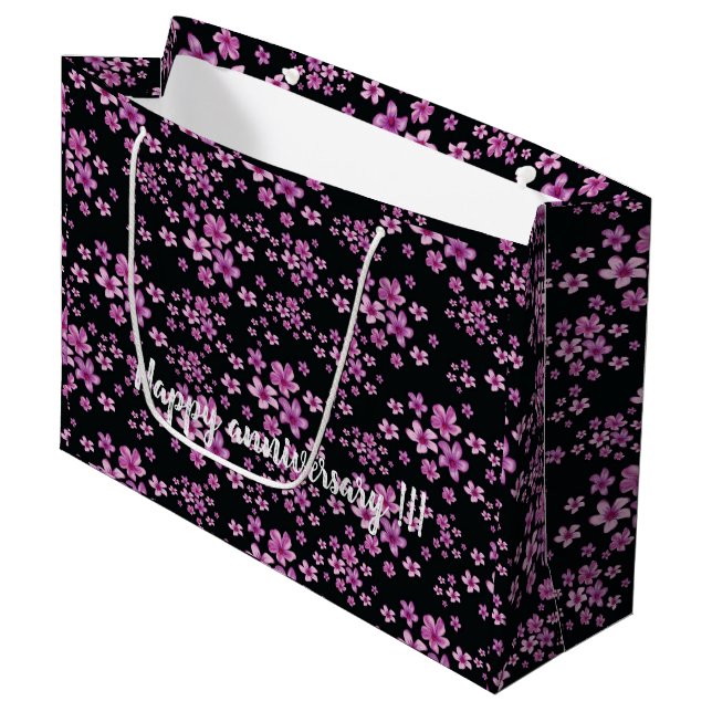 Luxus Popular Black Lila Floral Große Geschenktüte (Vorderseite Schrägansicht)
