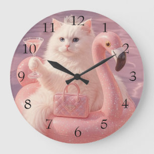 Luxus-Prinzessinnen-Katze auf rosa Flamingo-Pool-S Große Wanduhr