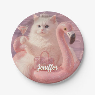 Luxus-Prinzessinnen-Katze auf rosa Flamingo-Pool-S Pappteller