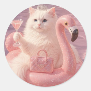 Luxus-Prinzessinnen-Katze auf rosa Flamingo-Pool-S Runder Aufkleber