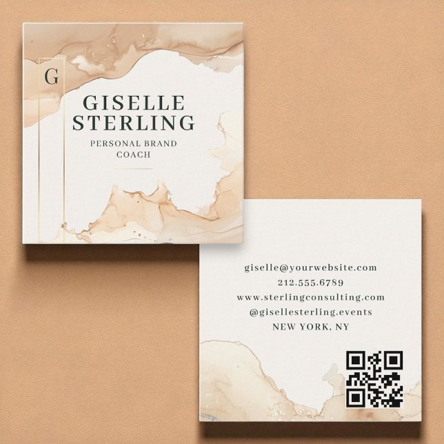 Luxus QR Code Beige Wasserfarbe Gold Foil Quadratische Visitenkarte (Von Creator hochgeladen)