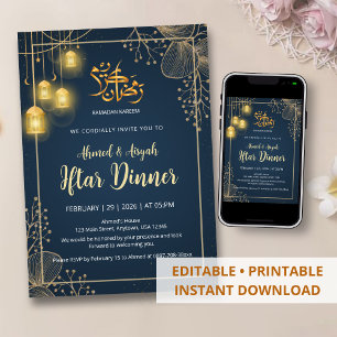 Luxus-Rahmen für Iftar in Navyblau und Gold Glitte Einladung