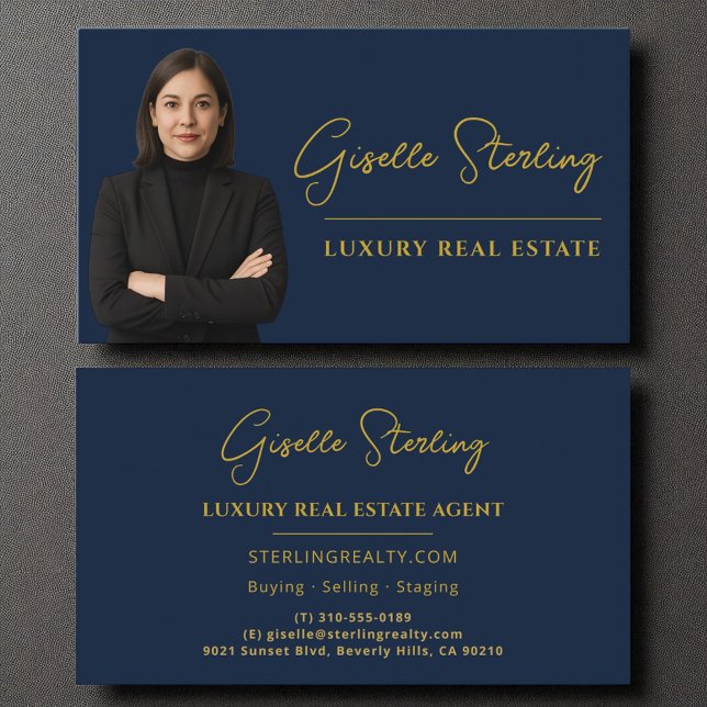Luxus Real Anwesen Navy Blue Gold Script Visitenkarte (Von Creator hochgeladen)