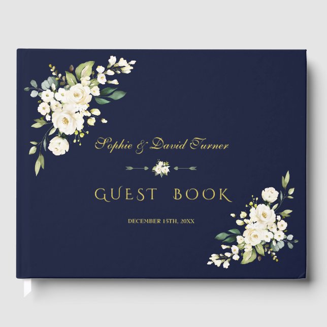 Luxus Real Foil White Blume Navy Blue Wedding Gästebuch (Vorderseite)