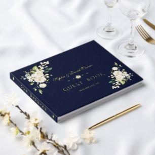 Luxus Real Foil White Blume Navy Blue Wedding Gästebuch