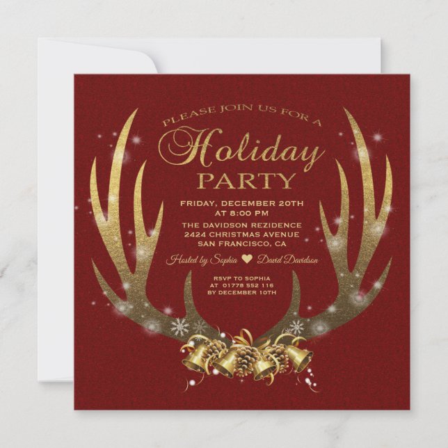 Luxus Red Gold Foil Antlers Feiertag Party Einladung (Vorderseite)