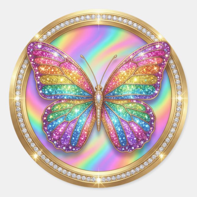 Luxus-Regenbogen-Glitter-Schmetterling  Runder Aufkleber (Vorderseite)