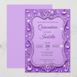 Luxus-Rhinstones Lila Glitter Quinceañera Einladung