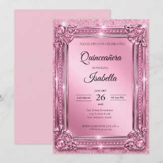 Luxus-Rhinstones Pink Glitter Quinceañera Einladung