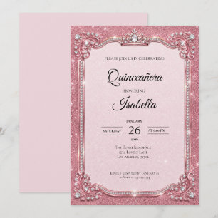 Luxus-Rhinstones Pink Glitter Quinceañera Einladung