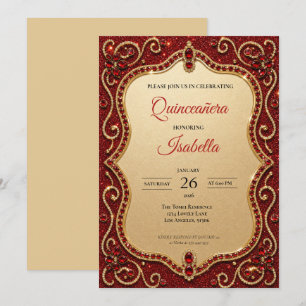 Luxus-Rhinstones roter Glitter Quinceañera Einladung