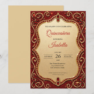 Luxus-Rhinstones roter Glitter Quinceañera Einladung
