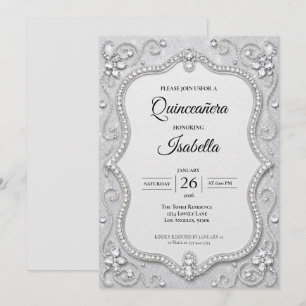 Luxus-Rhinstones Silber-Glitter Quinceañera Einladung