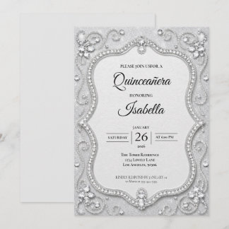 Luxus-Rhinstones Silber-Glitter Quinceañera Einladung