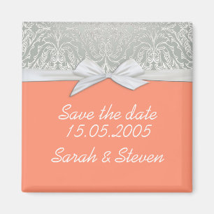 Luxus Ribbon Silver/KorallenDamast Save the Date Magnet