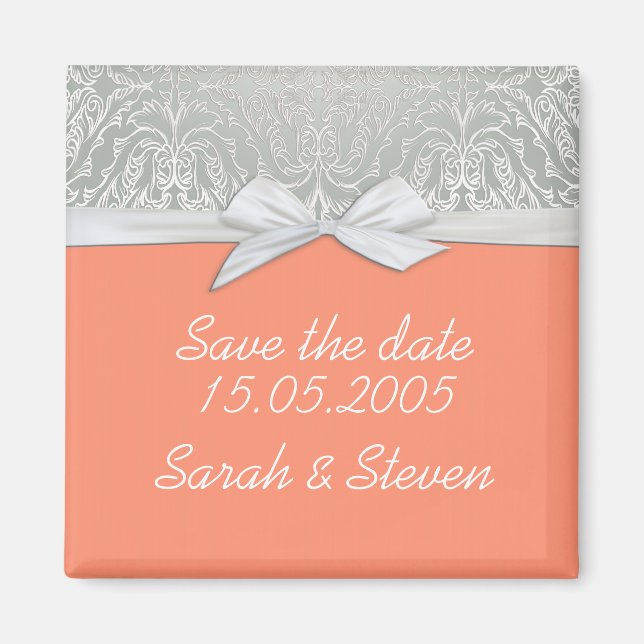 Luxus Ribbon Silver/KorallenDamast Save the Date Magnet (Vorne)
