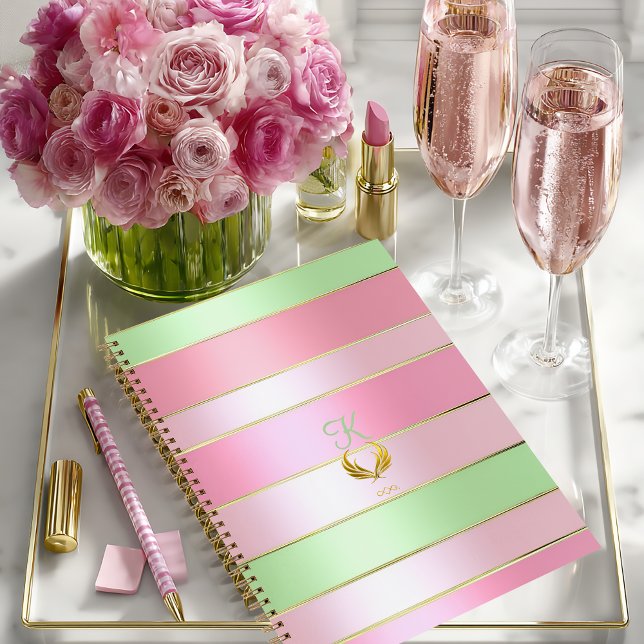 Luxus-Rosa-&-Grün-Gestreift  Notizbuch (Pretty Posh Pastel Monogrammed Pink and Green Notebook/Glossy Softcover (shown)Matte Hardcover )