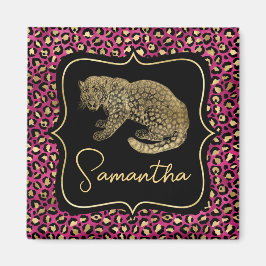 Luxus Rosa Leopardenprint Gold Tier Monogramm Magnet