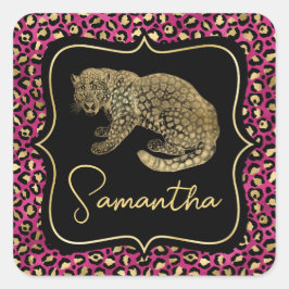 Luxus Rosa Leopardenprint Gold Tier Monogramm Quadratischer Aufkleber