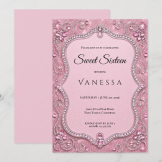Luxus-Rosa-Rheinsteine Glitter Sweet 16 Einladung