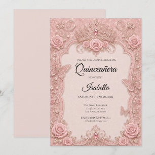 Luxus-Rosa-Schmetterlinge Floral Quinceañera Einladung