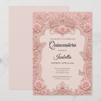 Luxus-Rosa-Schmetterlinge Floral Quinceañera Einladung
