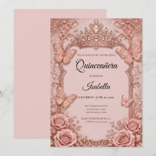 Luxus-Rosa-Schmetterlinge Floral Quinceañera Einladung