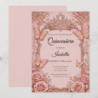 Luxus-Rosa-Schmetterlinge Floral Quinceañera Einladung