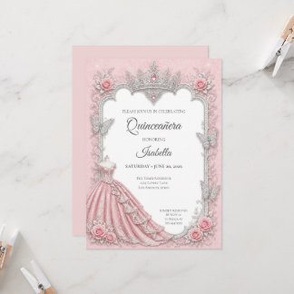 Luxus-Rosa-Silber-Prinzessin Quinceañera Einladung