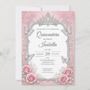 Luxus-Rosa-Silber-Prinzessin-Quinceañera Einladung