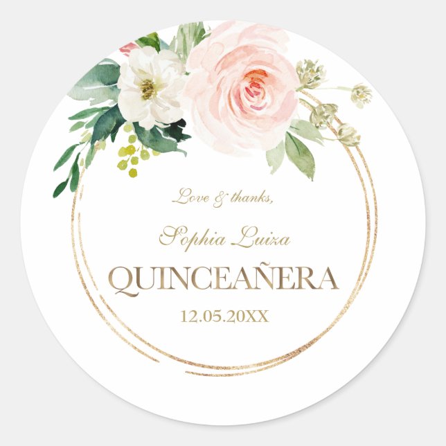 Luxus Rosa Weiße Blume Gold Quinceañera Runder Aufkleber (Vorderseite)