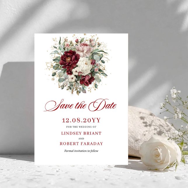 Luxus-Rosé-Burgunder-Blumen-Save-the-Date Save The Date (Luxury Blush Burgundy Floral Save The Date)