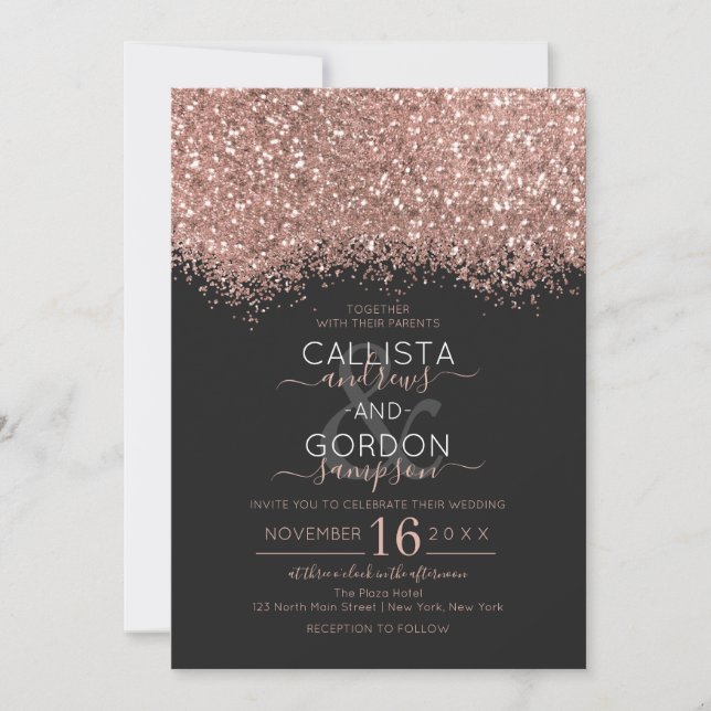 Luxus Rose Gold Black Glitzer Confetti Wedding Einladung (Vorderseite)