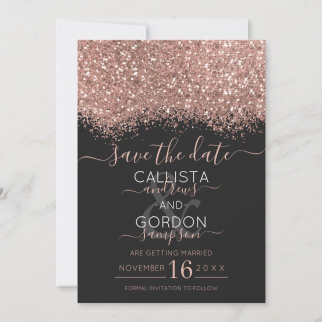 Luxus Rose Gold Black Glitzer Confetti Wedding Save The Date (Vorderseite)