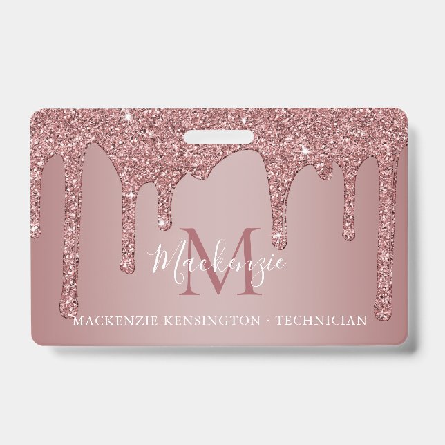 Luxus Rose Gold Dripping Glitzer Monogram Foto Ausweis (Vorderseite)