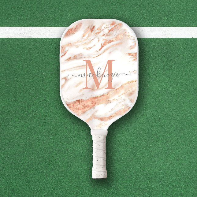 Luxus Rose Gold Foil Marmor Monogramm Pickleball Schläger (Luxury Rose Gold Foil Marble Monogram Pickleball Paddle)