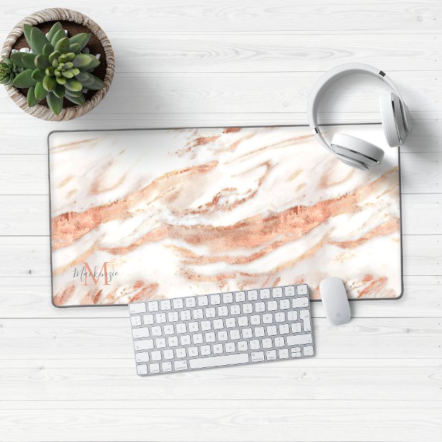 Luxus Rose Gold Foil Marmor Monogramm Schreibtischunterlage (Luxury Rose Gold Marble Desk Mat Mouse Pad)