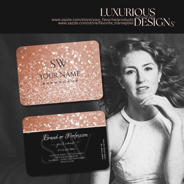 Luxus Rose Gold Glitzer Luminous Stars Monogramm Visitenkarte (Von Creator hochgeladen)