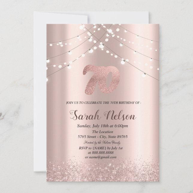 Luxus Rose Gold Glitzer String Lights Einladung (Vorderseite)