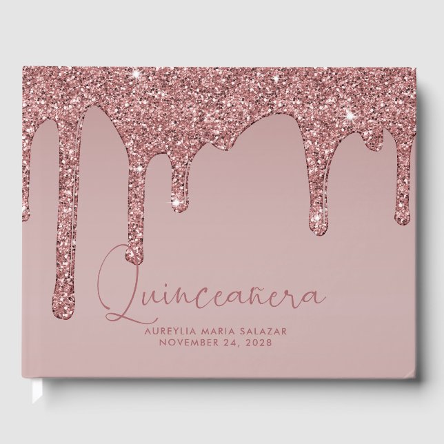 Luxus Rose Gold Glitzer Tropfen Quinceanera Foto Gästebuch (Vorderseite)